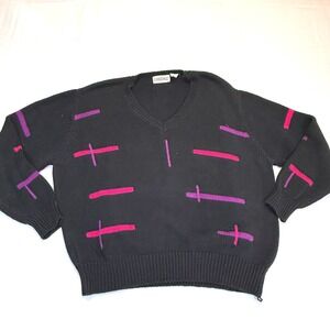 Vintage OAKDALE‎ Black V Neck Sweater Geometric Pink Purple Stripes Knit Cotton